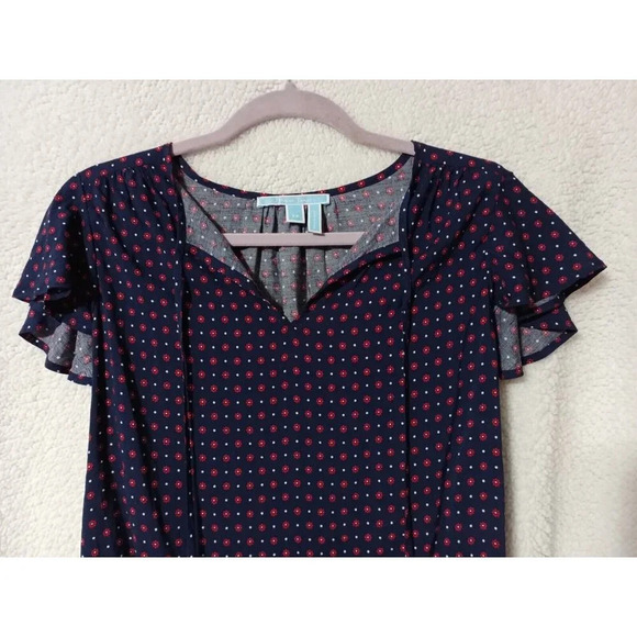 Draper James XS Blue Floral Dot Flutter Sleeve Peasant Boho Top Keyhole Tie Neck - Picture 3 of 11